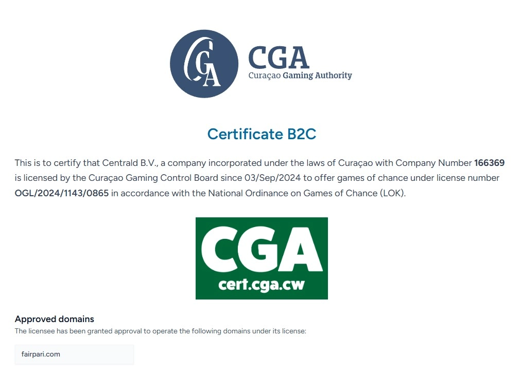 Oficjalny certyfikat Curaçao Gaming Authority dla fairpari.com