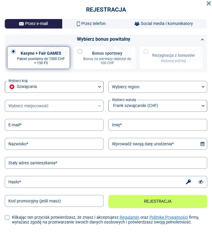 Aktualny formularz rejestracji FairPari